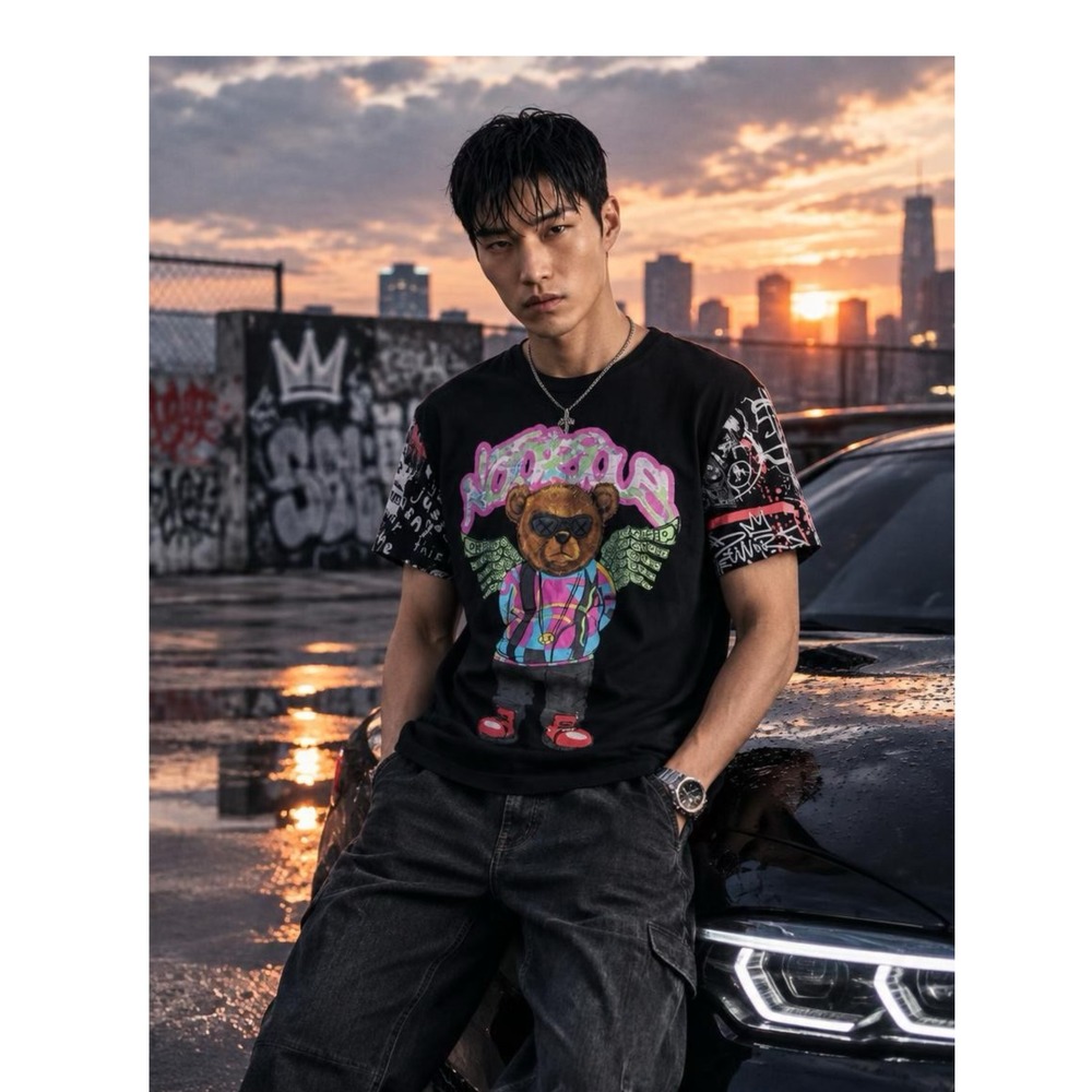 Fresh Laundry Mens M Bear Graphic T-Shirt Streetwear Graffiti Money Wings Black